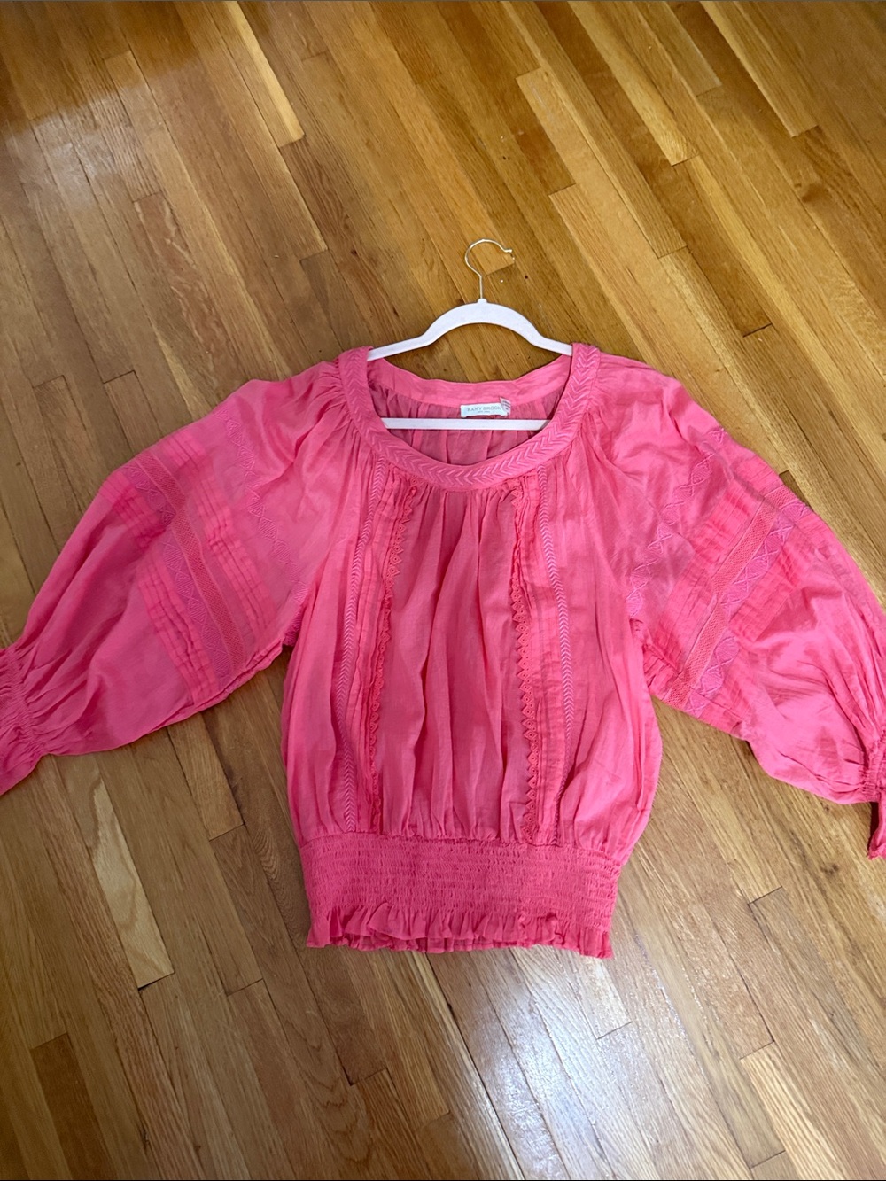 Ramy Brook Coral-Pink Peasant Blouse with Smocked Waist